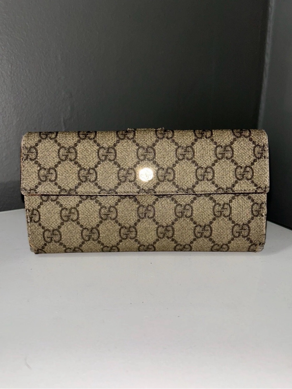 Gucci GG Coated Canvas Long Wallet w Blue Interior
